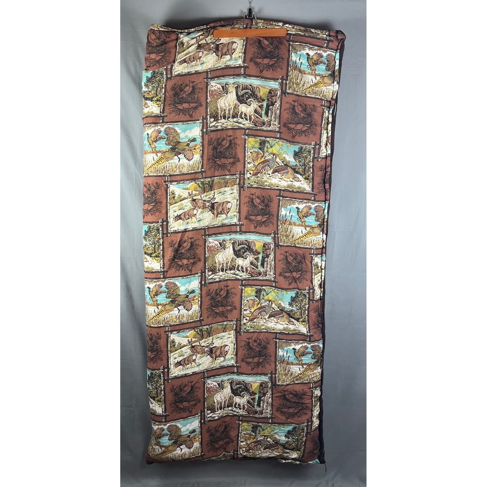 Vintage Wildlife Hunting Animal Print Brown Quilted Side Zip Padded Sleeping Bag